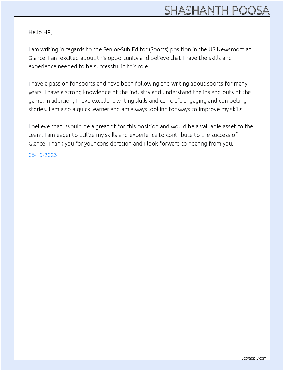 Senior-Sub Editor (Sports) - US Newsroom At Glance Cover Letter
