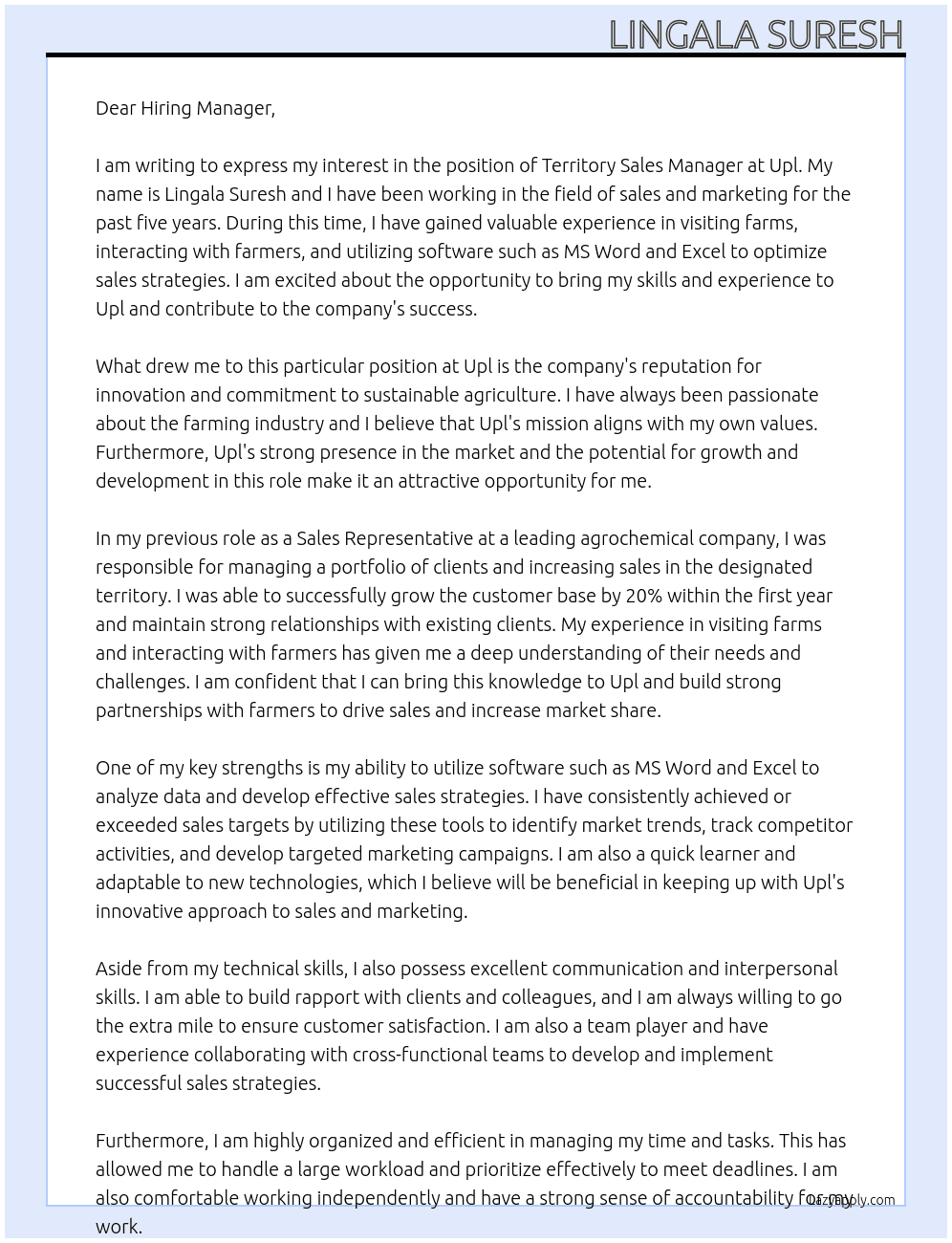Territory sales manager At Upl Cover Letter