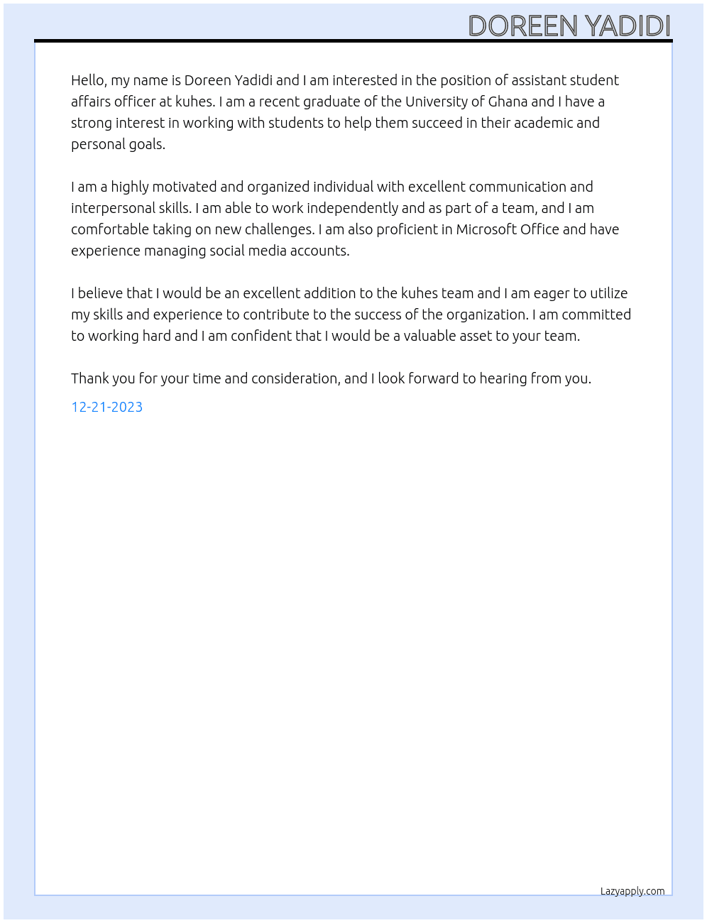 assistant student affairs officer At kuhes Cover Letter