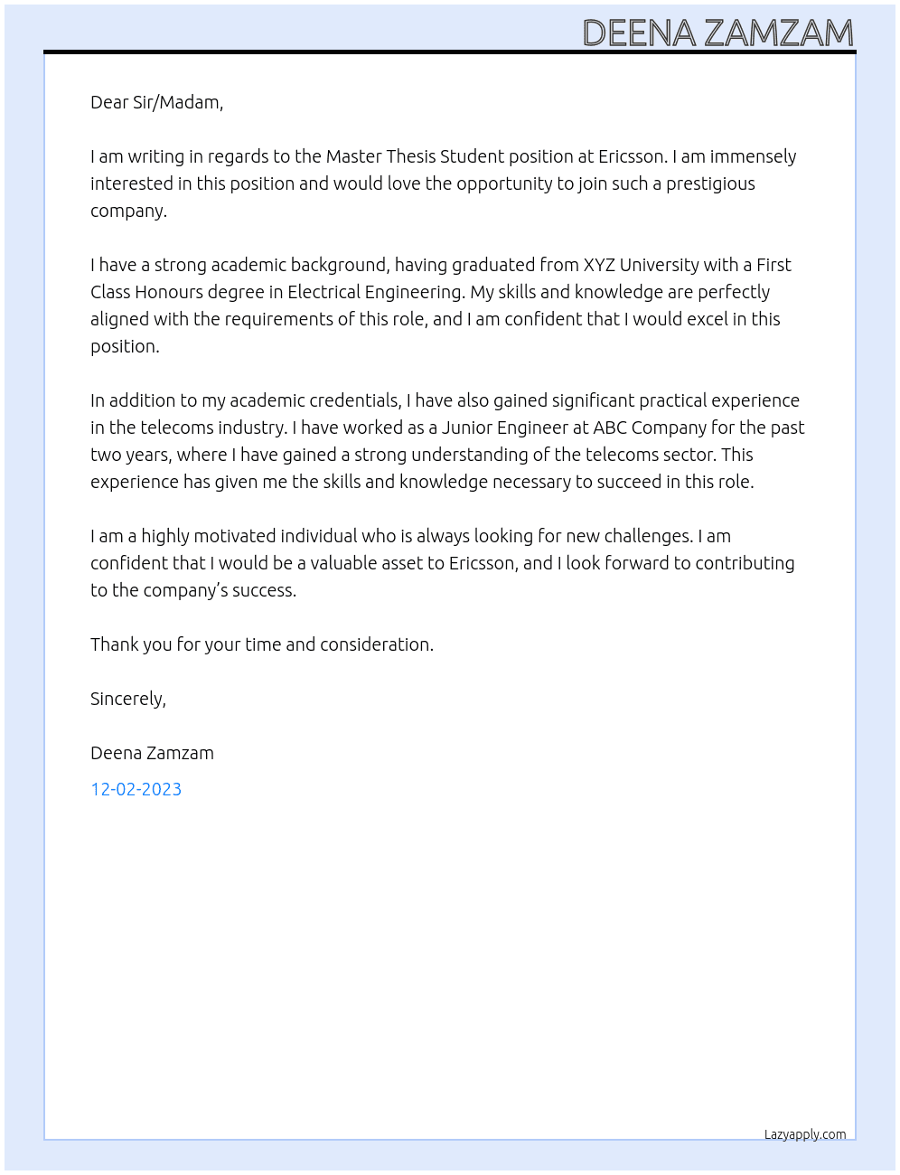 Master Thesis Student At Ericsson Cover Letter