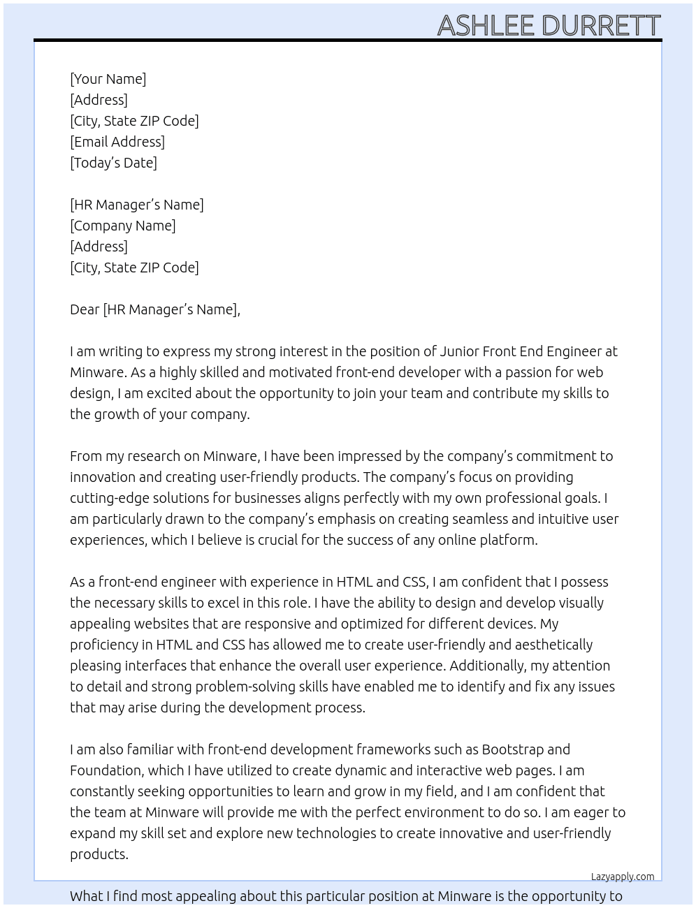 Junior Front End Engineer  At Minware Cover Letter