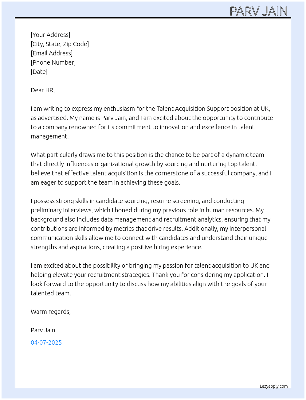 Talent acquisition support  At Uk Cover Letter