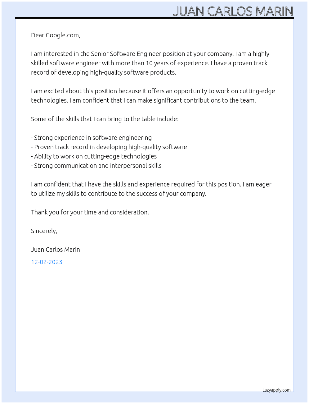 Senior Software Engineer At Google.com Cover Letter
