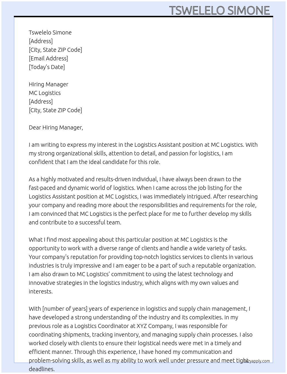 Logistics assistant  At MC Logistics  Cover Letter