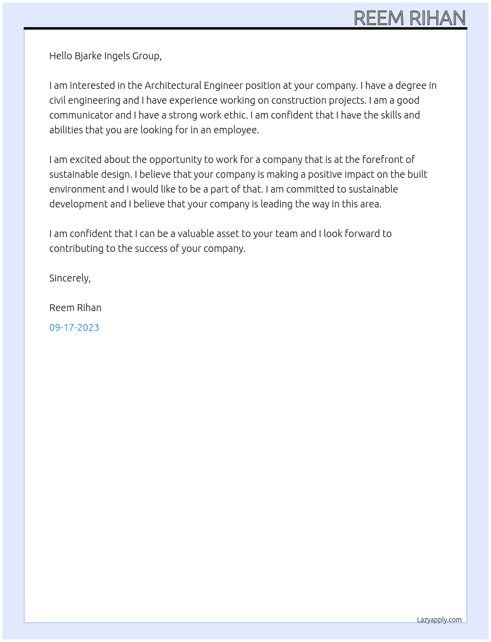 Architectural Engineer At Bjarke Ingels Group Cover Letter