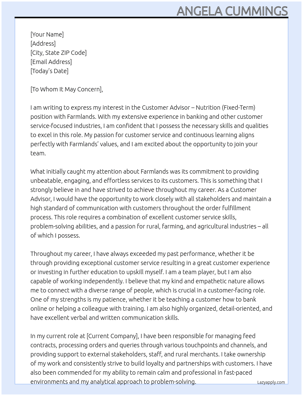 Customer Advisor - Nutrition (Fixed-Term) At Farmlands Cover Letter