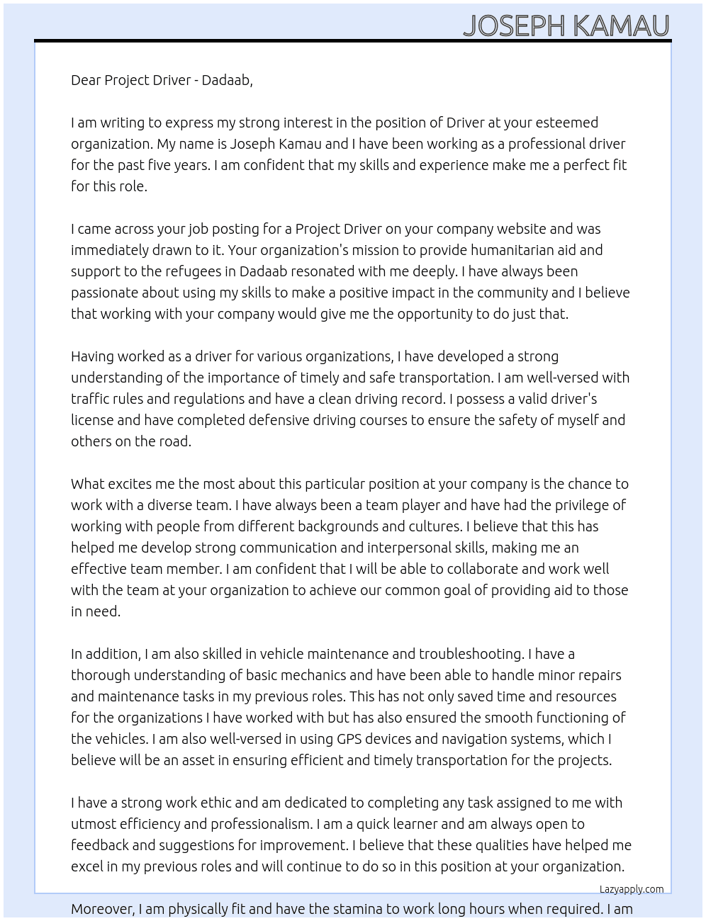 Driver At Project Driver - Dadaab Cover Letter