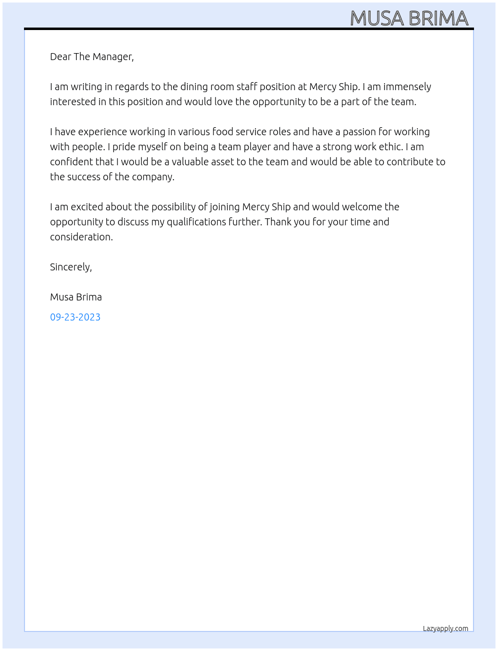 Dinning room staff  At Mercy Ship  Cover Letter