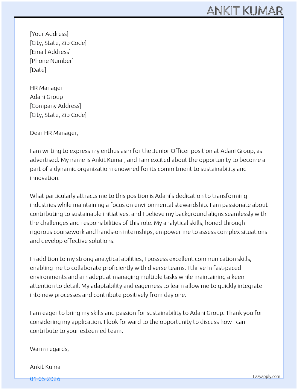 Junior officer ILHBS At Adani group  Cover Letter