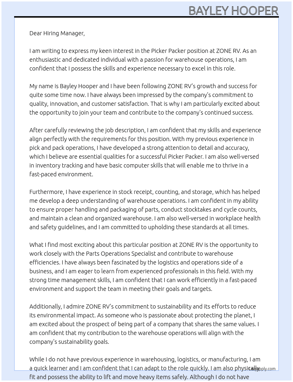 Picker Packer At ZONE RV Cover Letter