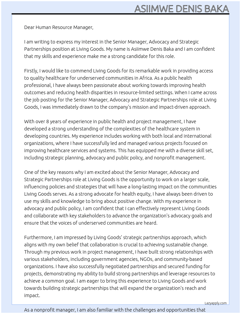 Senior Manager, Advocacy and Strategic Partnerships At Living Goods Cover Letter