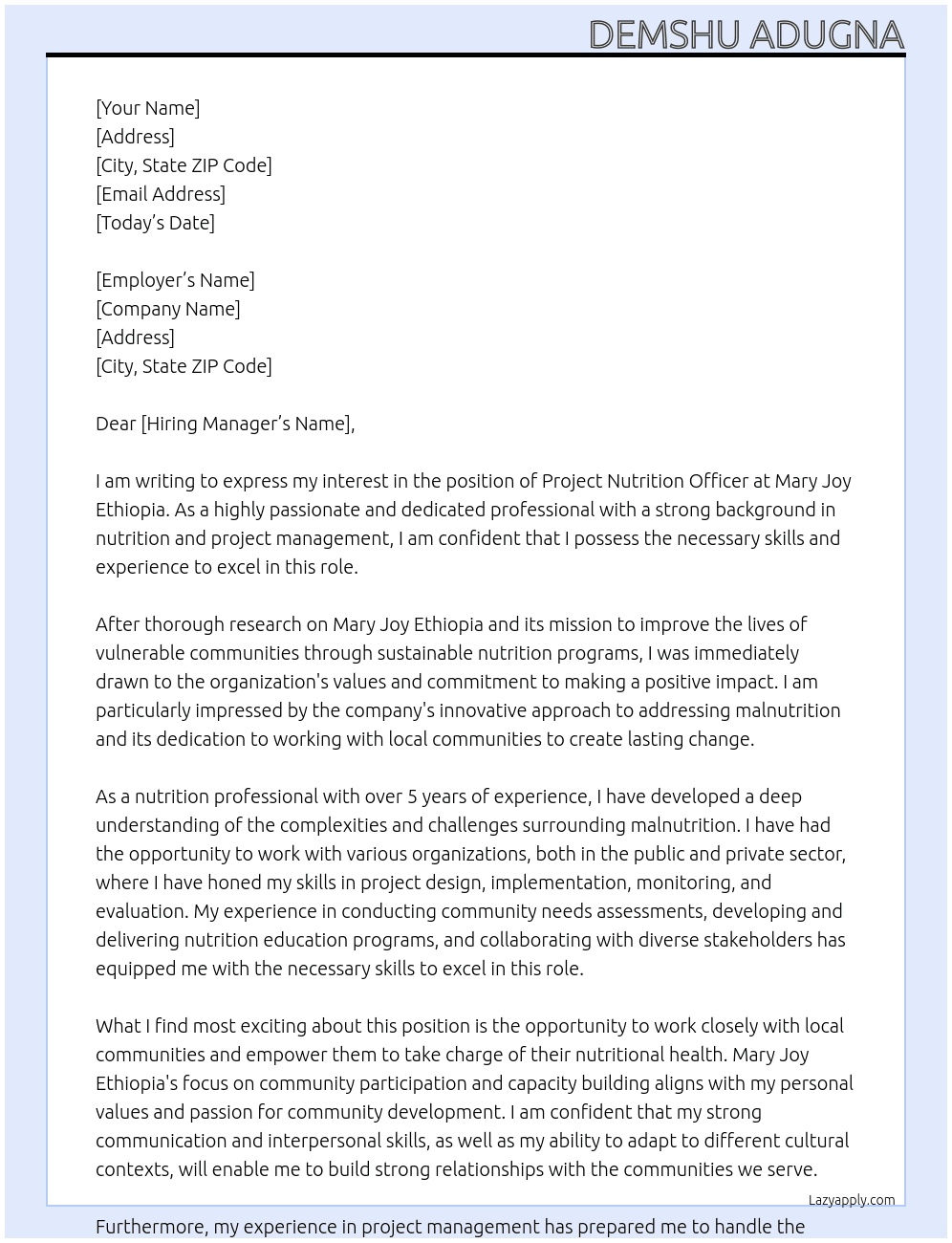 Project nutrition officer At Mary Joy Ethiopia  Cover Letter