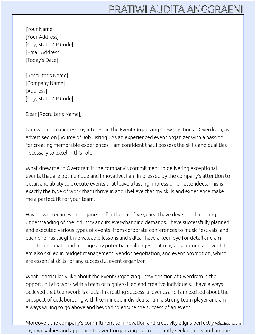  event organizing crew At Overdram Cover Letter