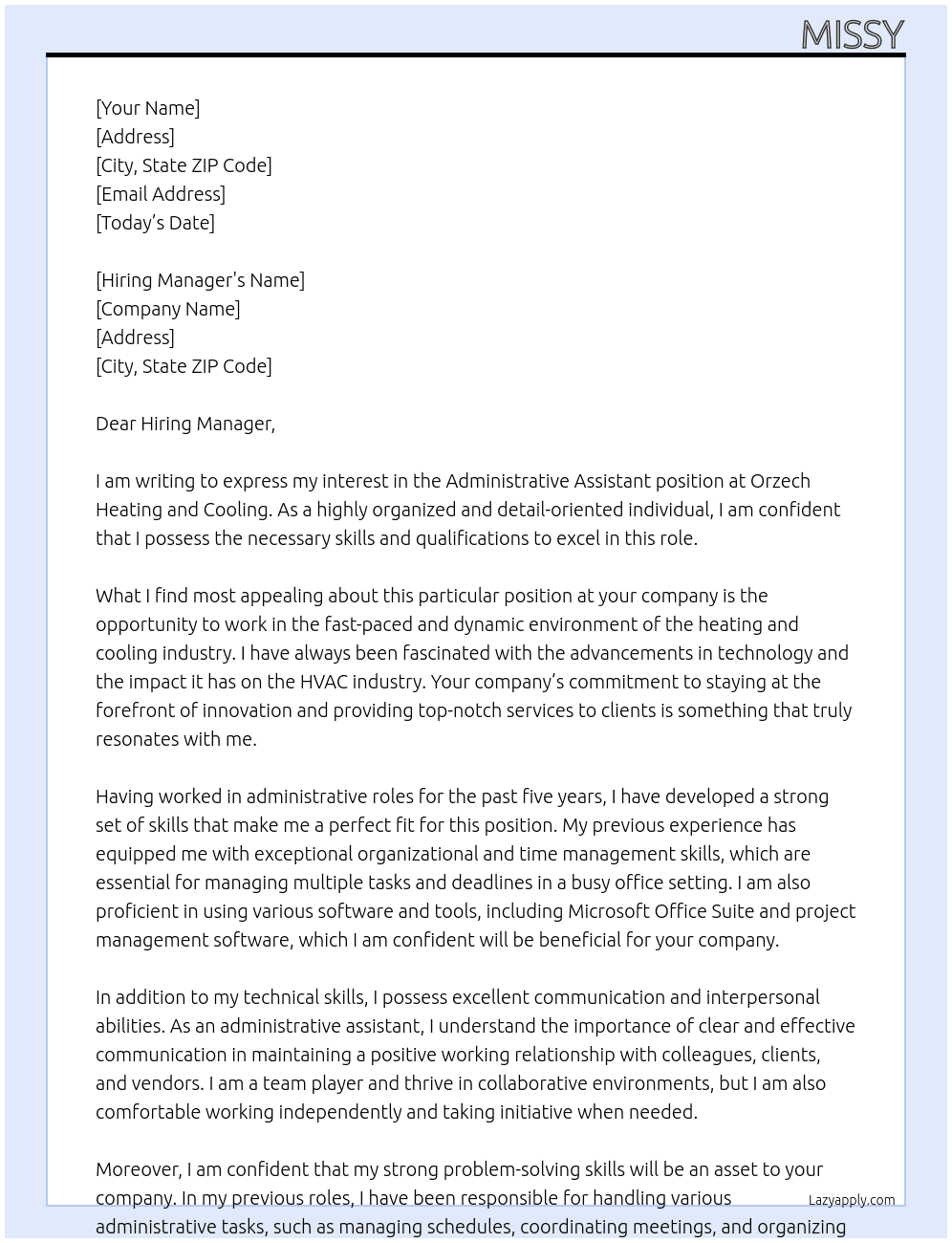 Cover letter for administrative assitant - LazyApply