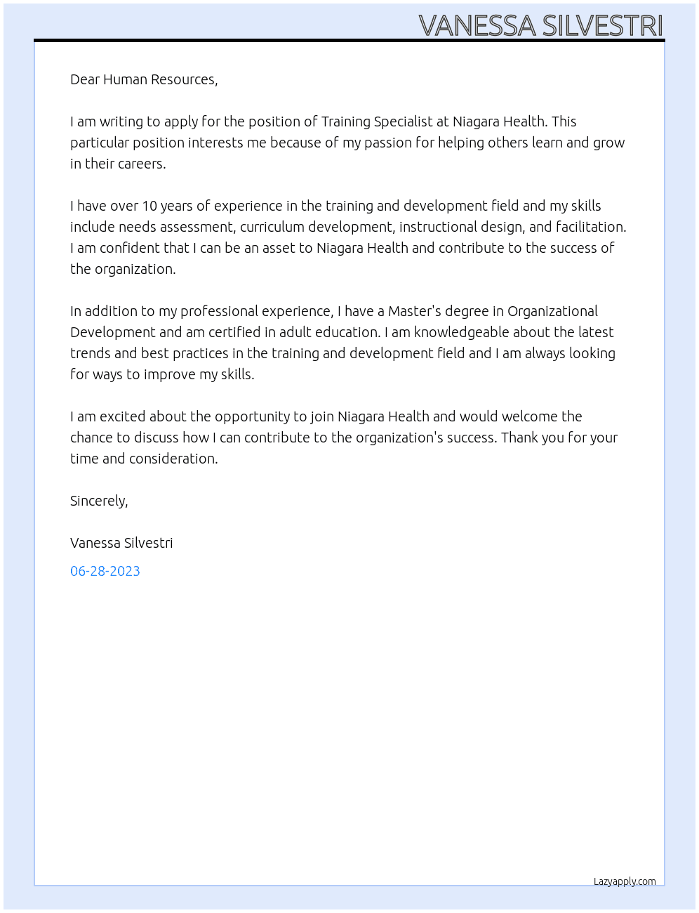  TRAINING SPECIALIST At Niagara Health Cover Letter