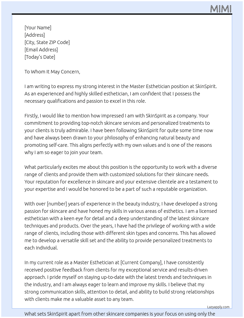 Master Esthetician At SkinSpirit Cover Letter