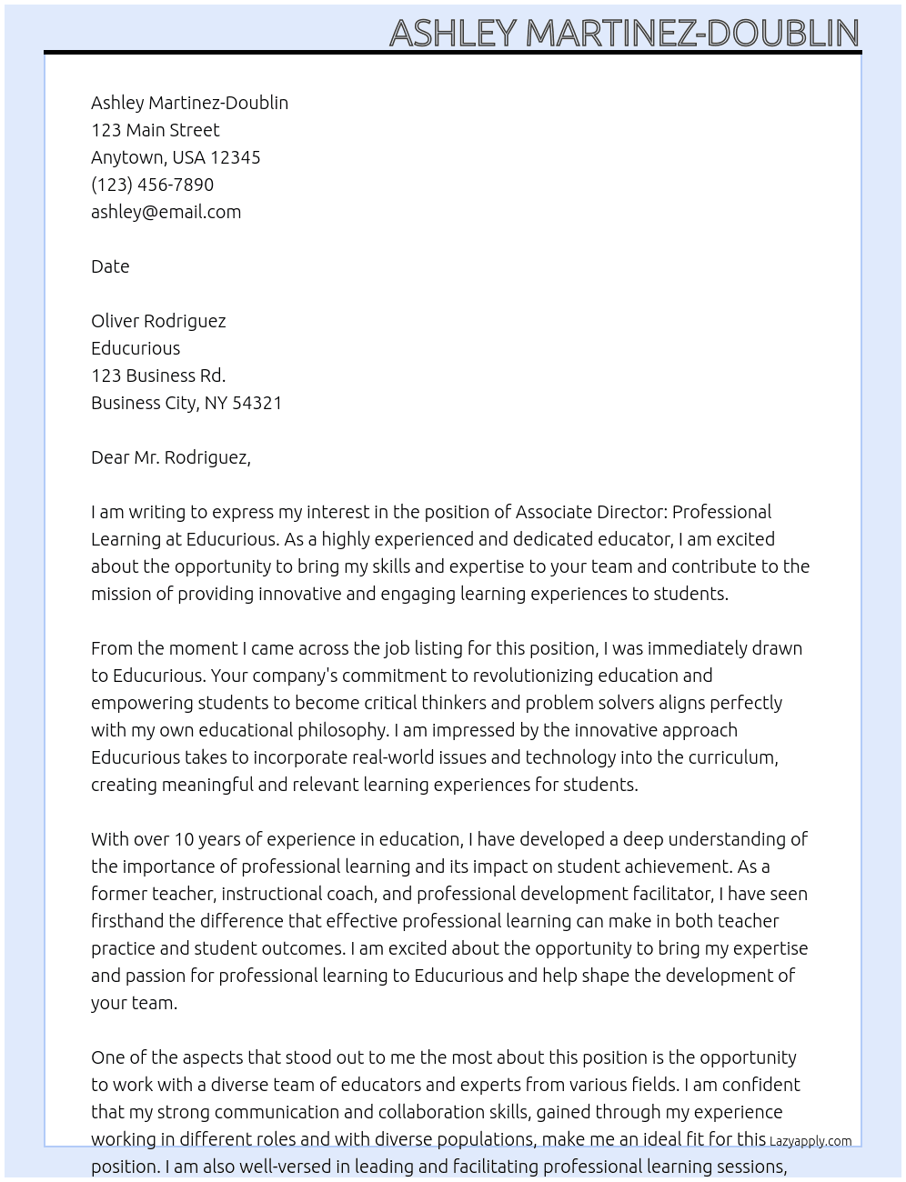 Associate Director: Professional Learning At Educurious Cover Letter