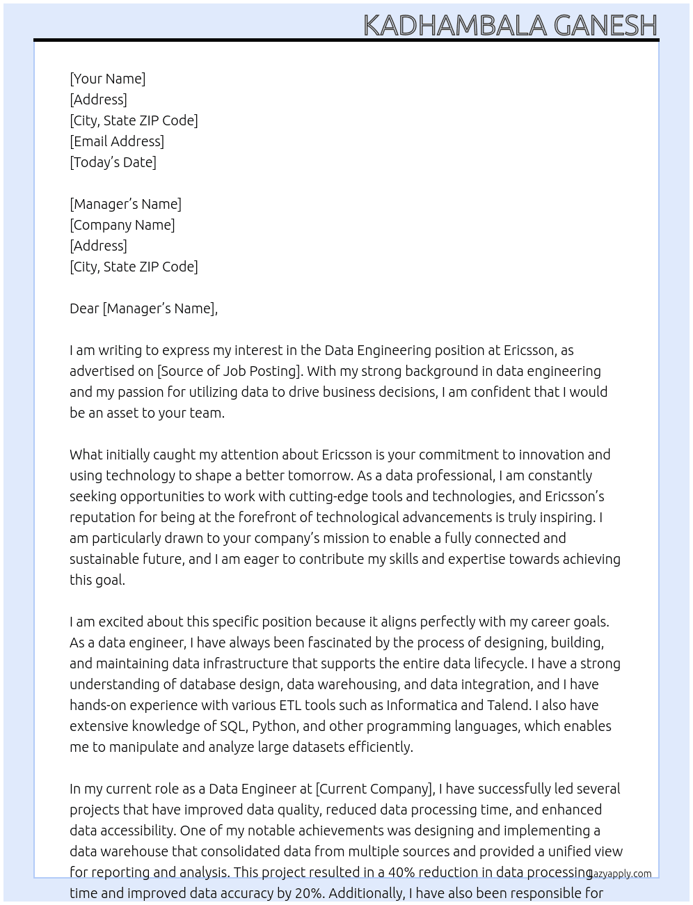 data engineering At Ericsson Cover Letter