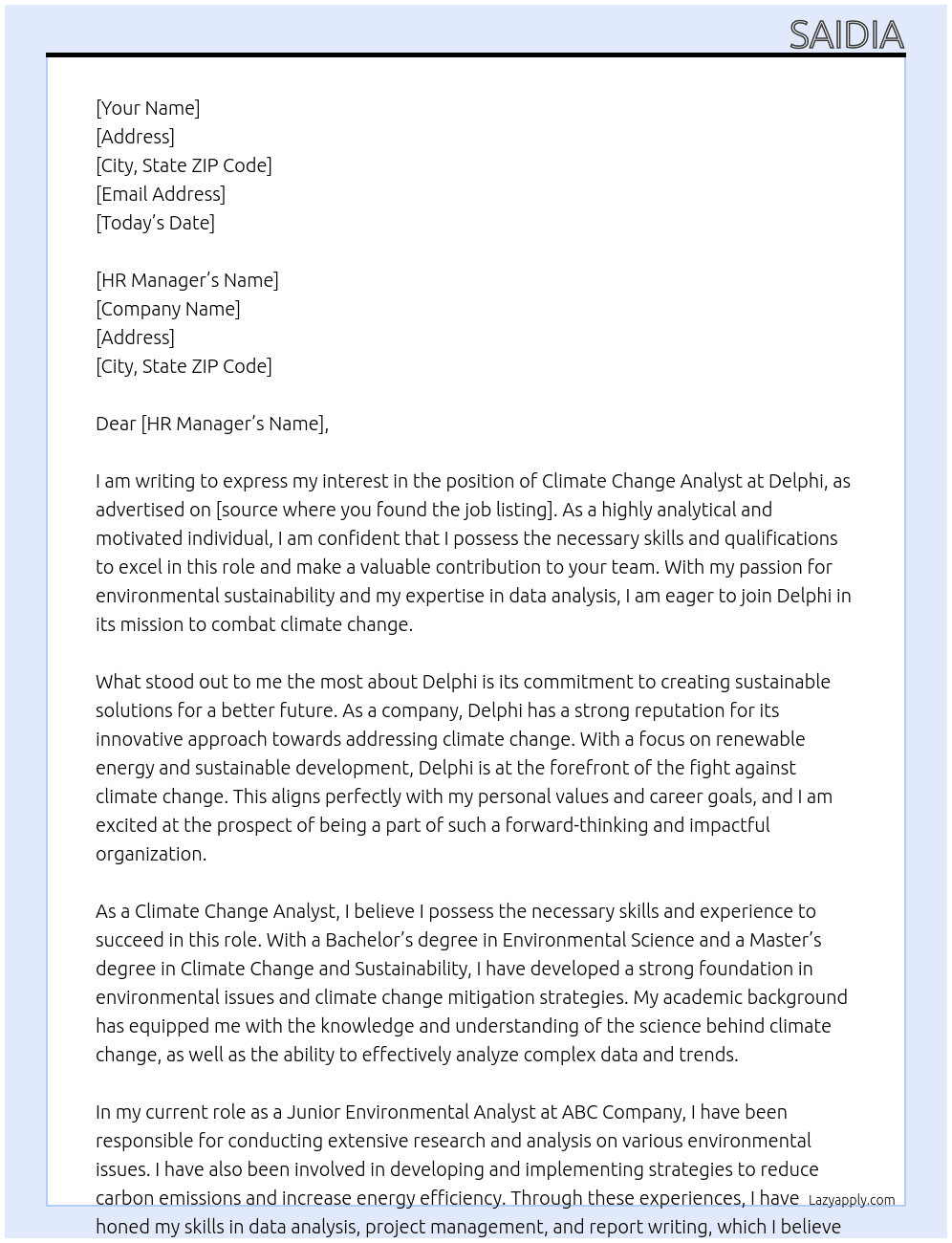 CLIMATE CHANGE ANALYST At DELPHI Cover Letter