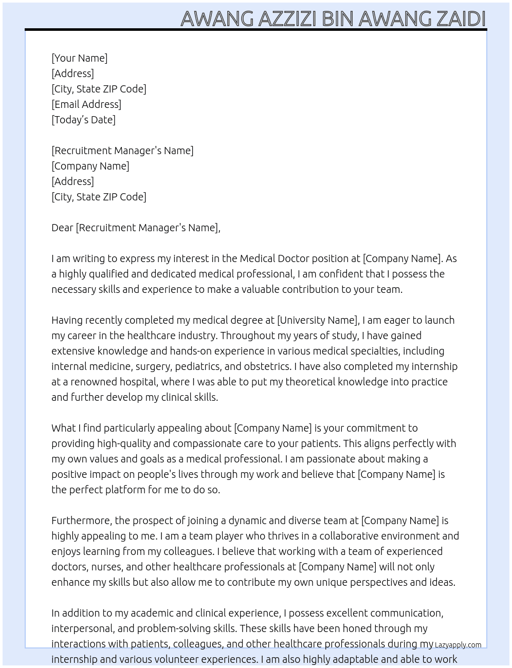 Medical doctor At clinic Cover Letter