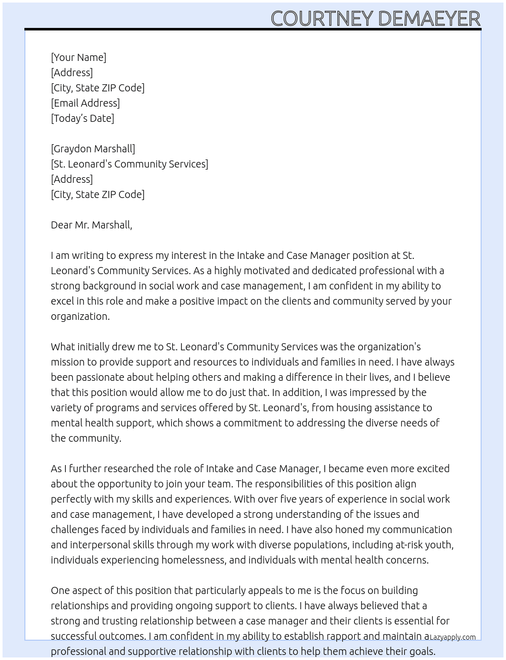 Intake and Case Manager At St. Leonard's Community Services Cover Letter