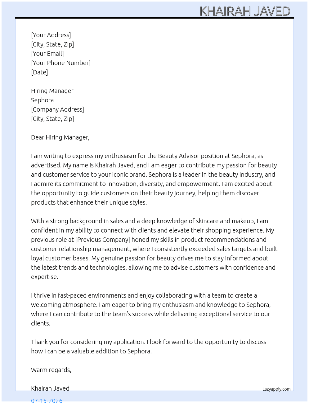 Cover letter for beauty advisor - LazyApply