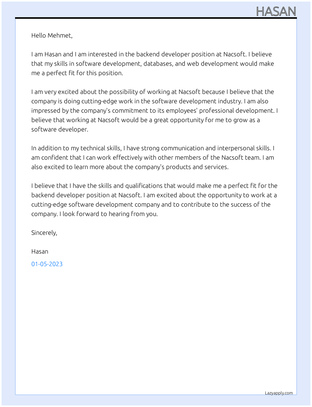 Backend Developer At Nacsoft Cover Letter