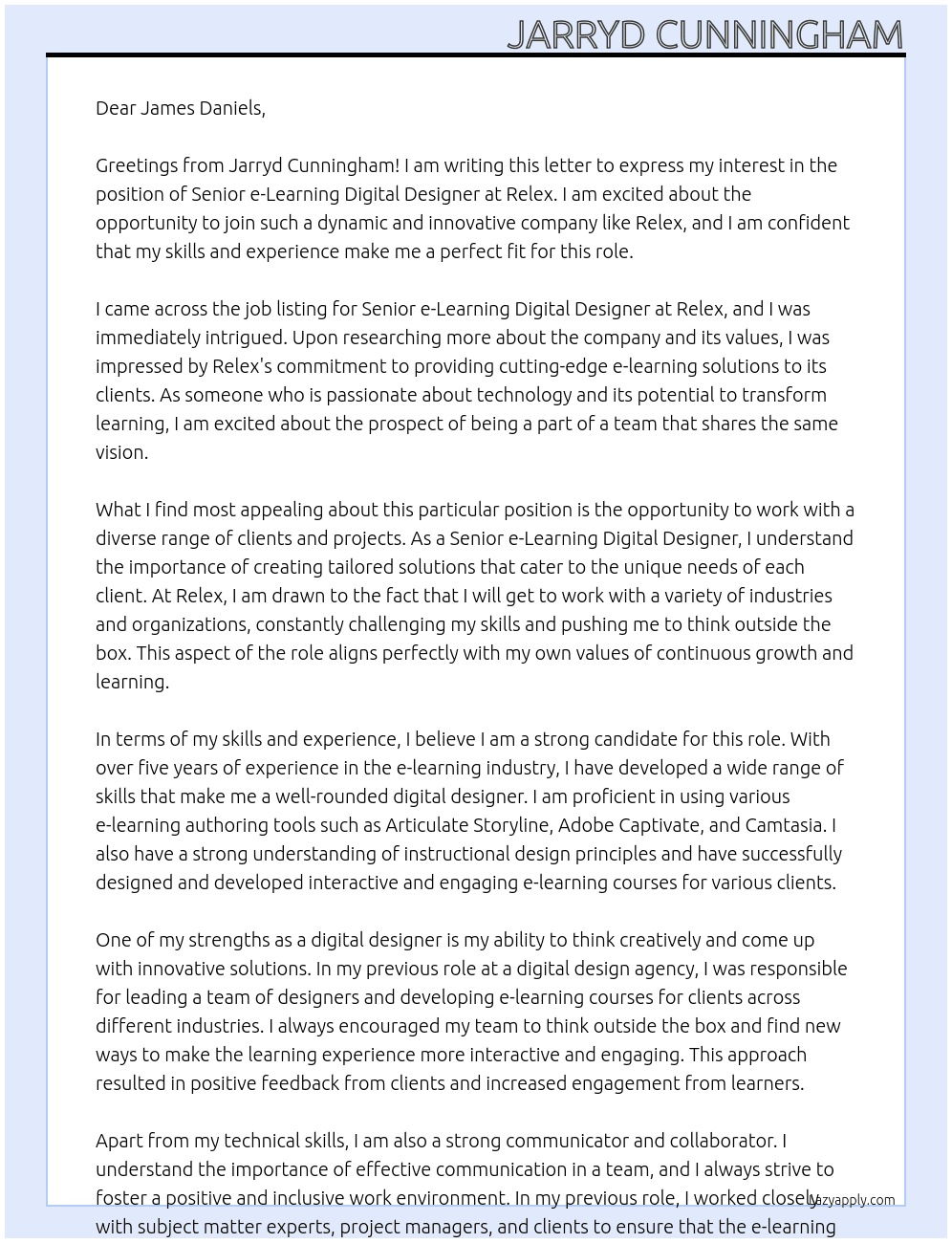 Senior e-Learning Digital Designer  At Relex Cover Letter