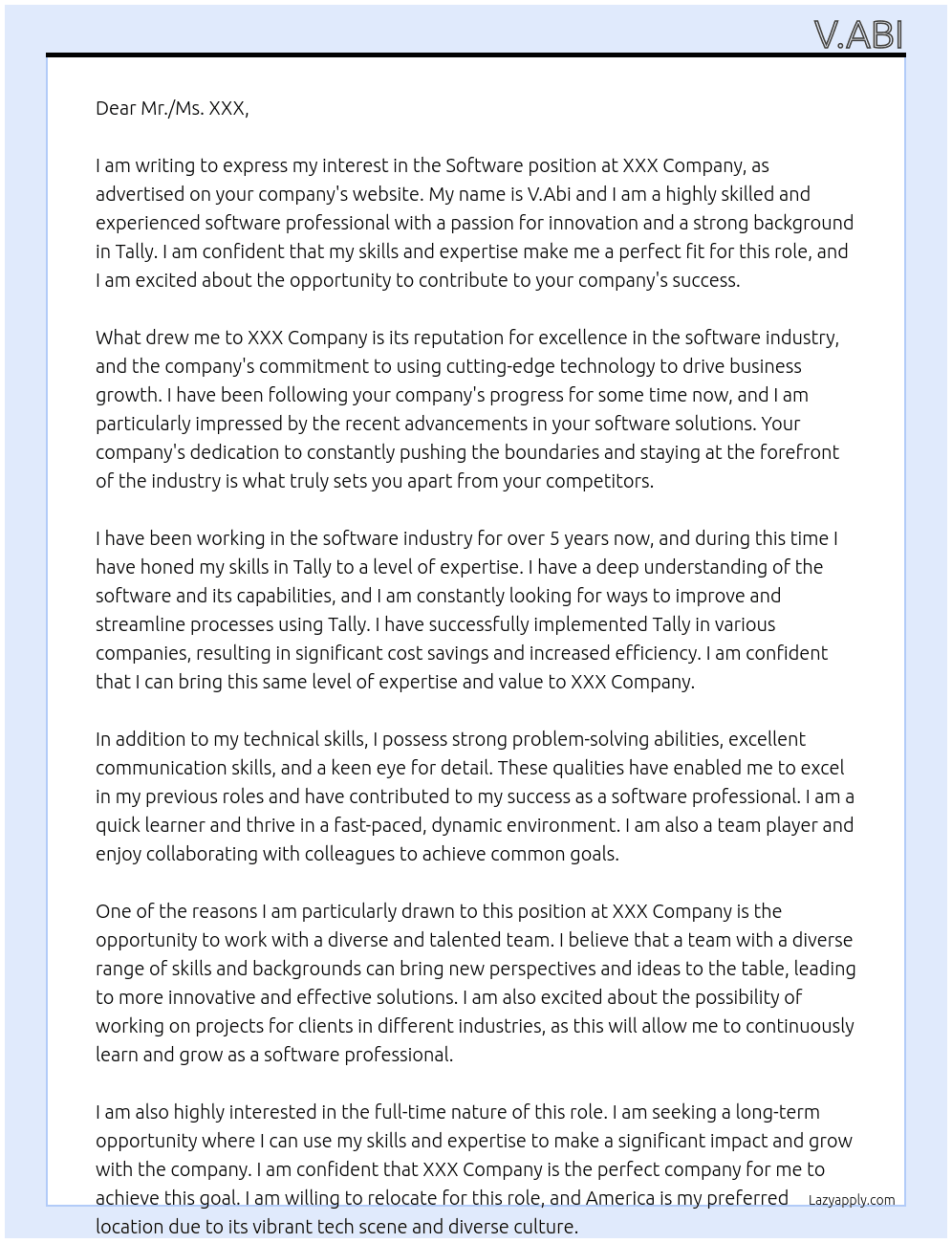 software  At xxx company Cover Letter