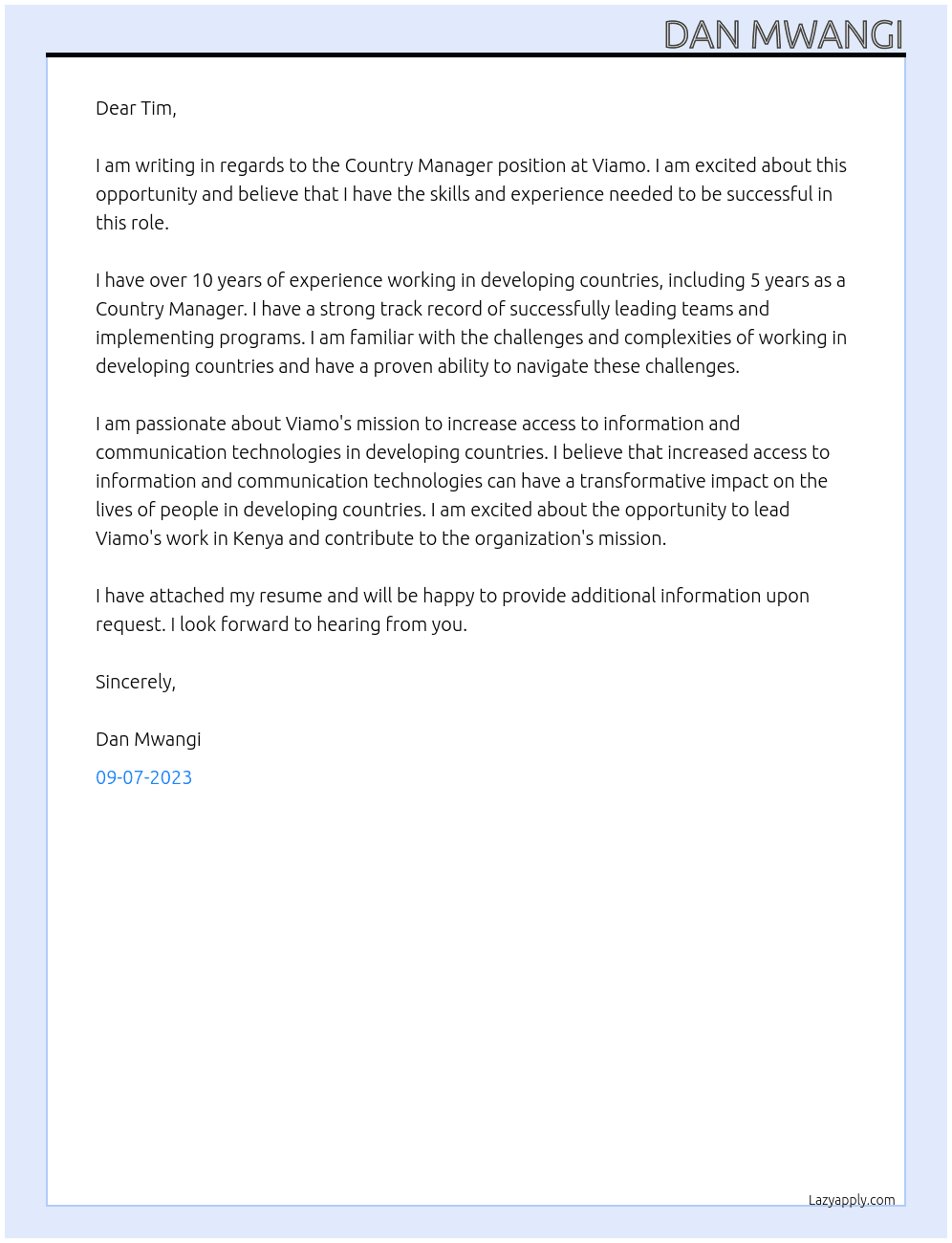 Country Manager At Viamo Cover Letter