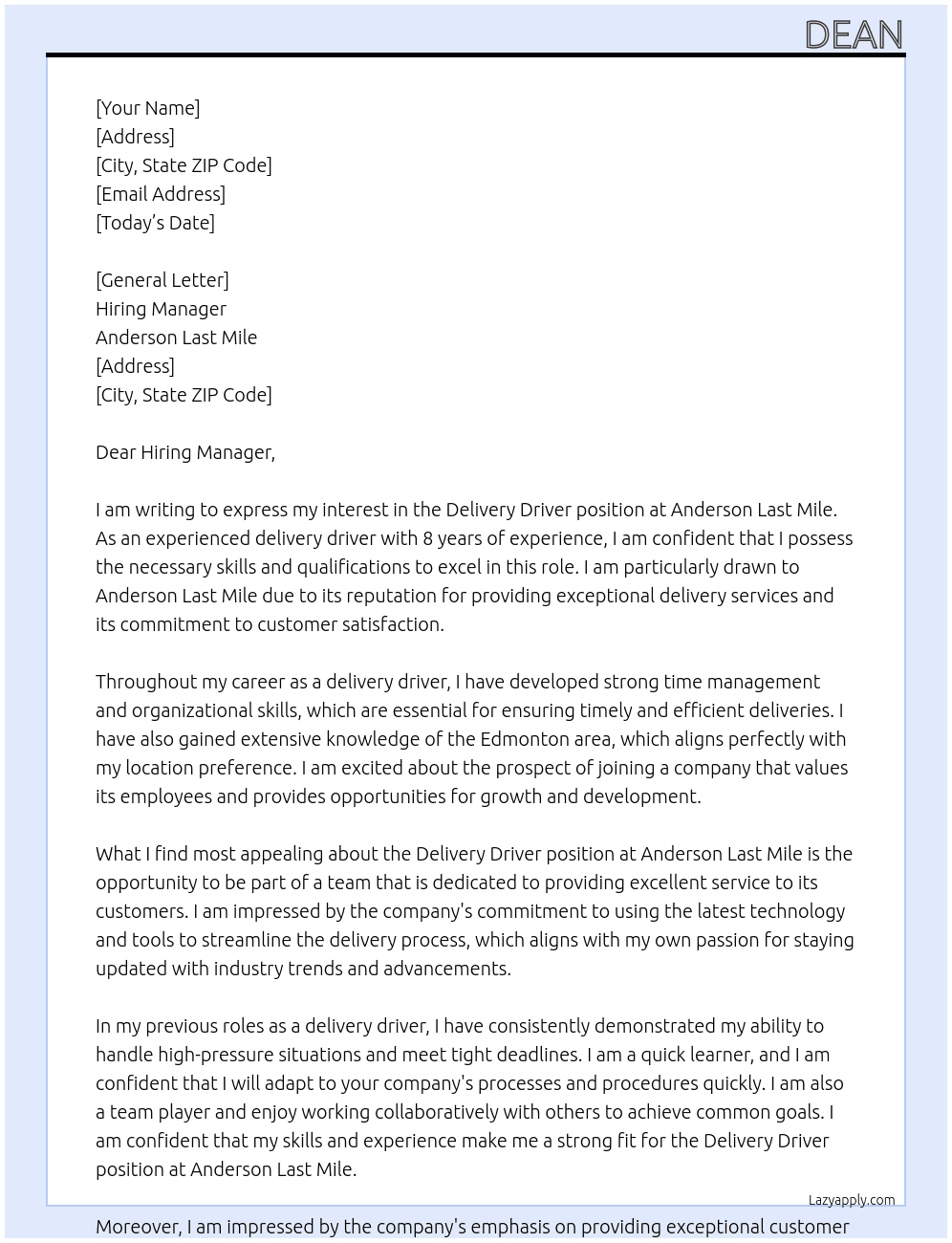 Delivery driver At Anderson Last Mile Cover Letter