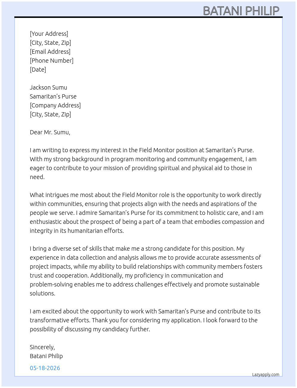 Cover letter for field monitor - LazyApply