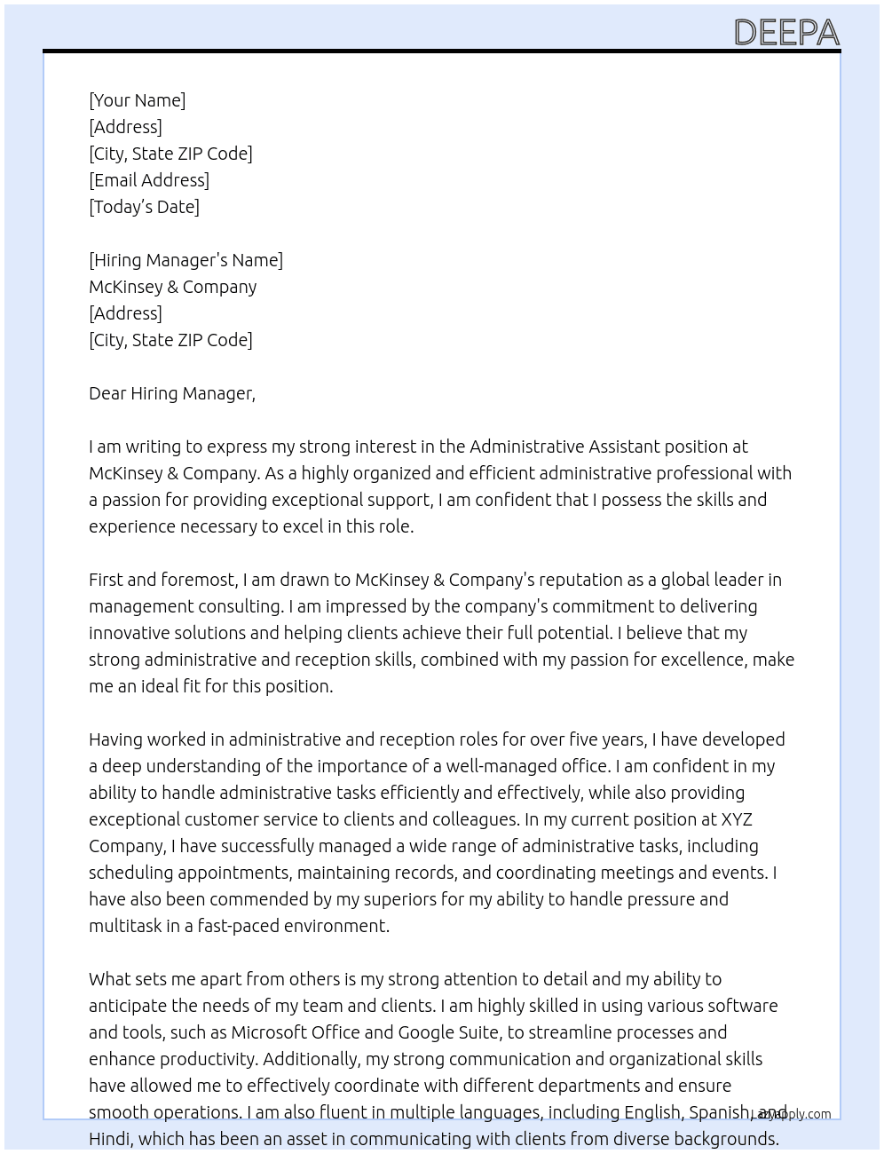 Administrative Assistant At McKinsey & Company Cover Letter