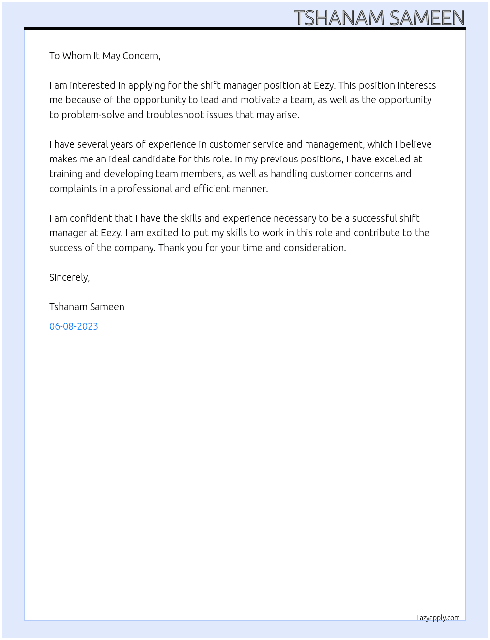 shift manager At Eezy Cover Letter
