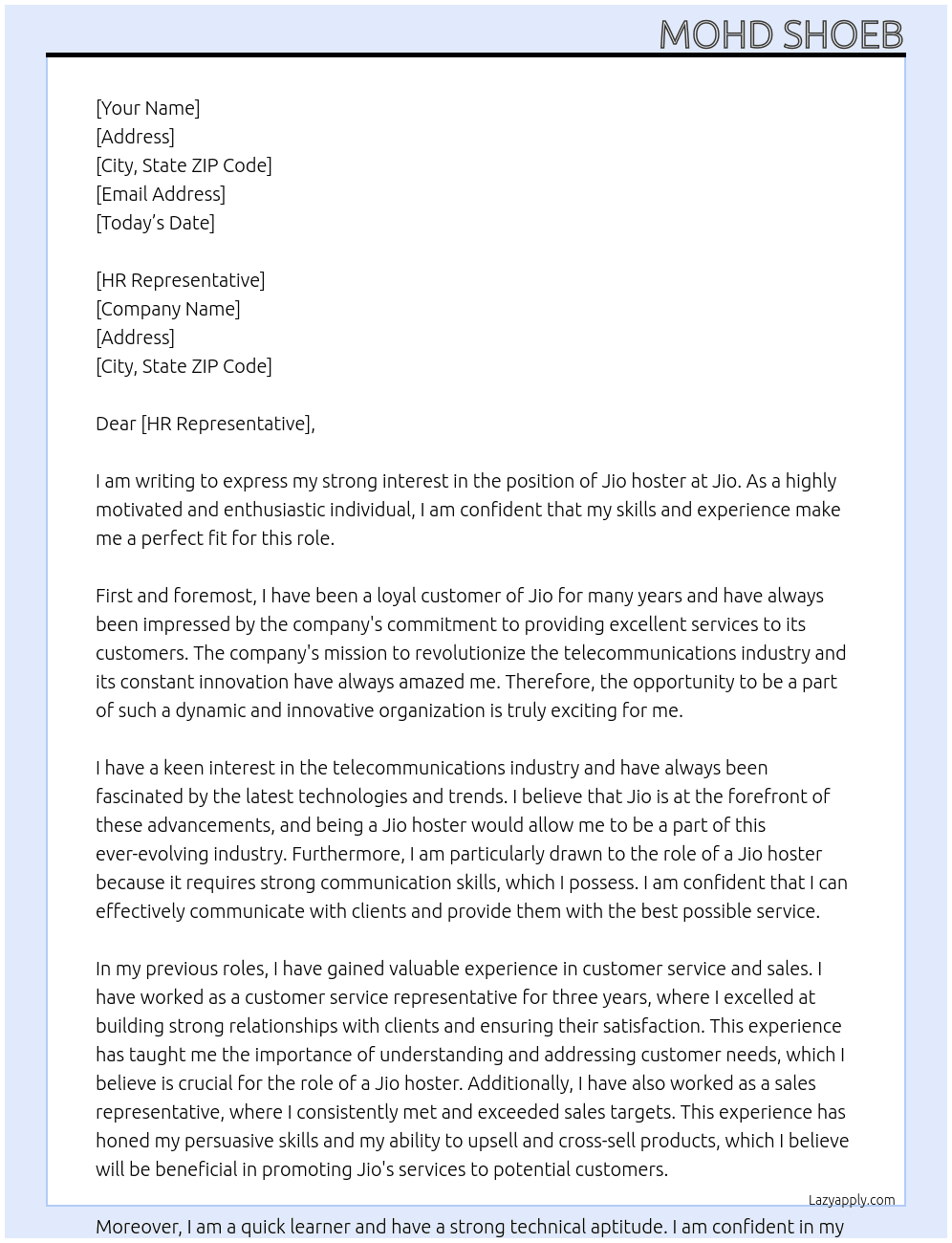 Jio hoster  At Jio Cover Letter