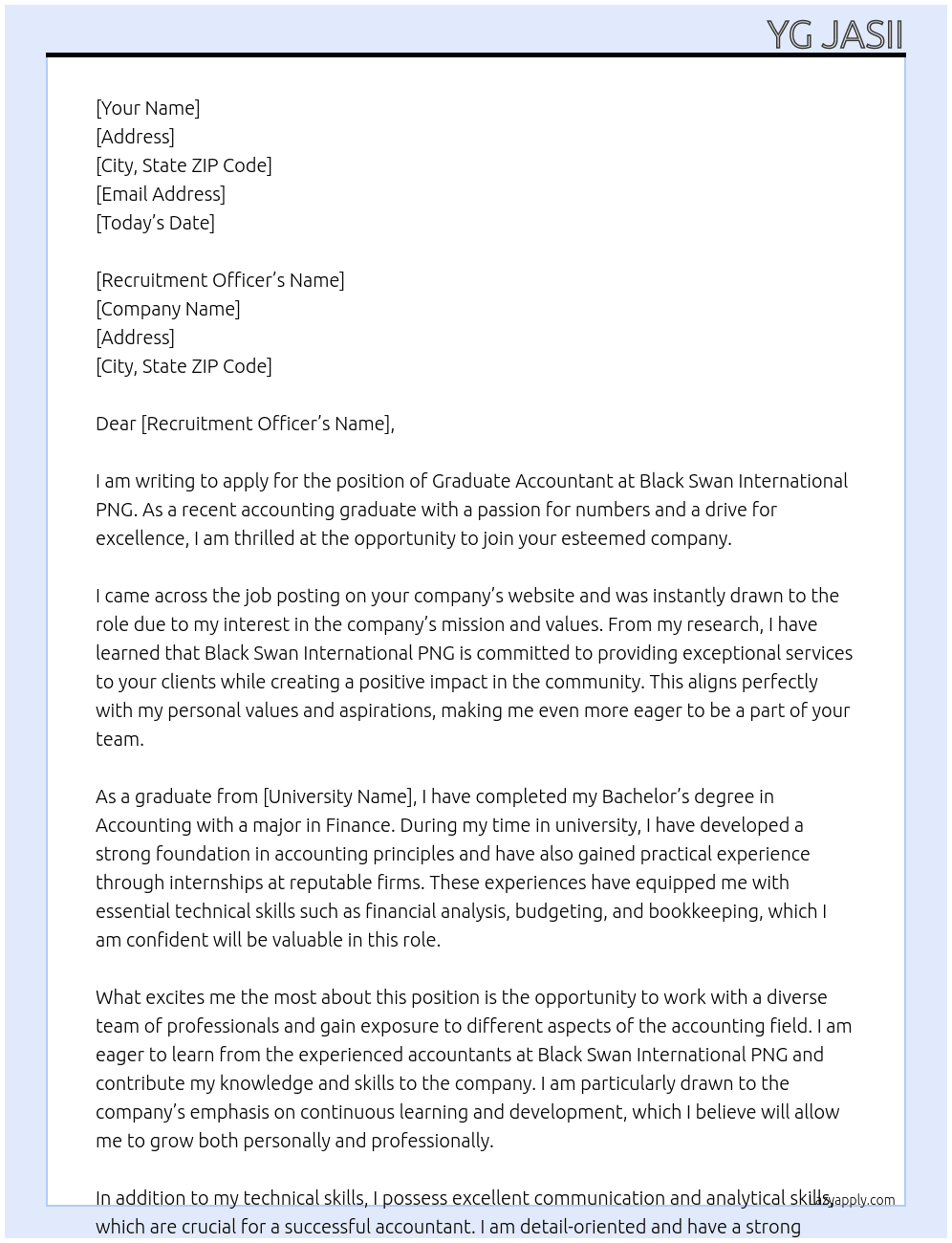 Graduate Accountant At Black Swan International PNG Cover Letter
