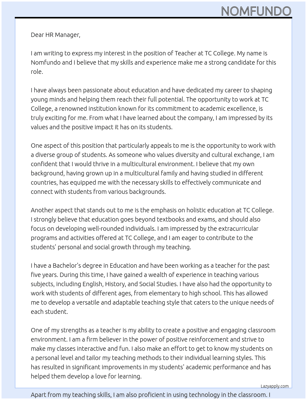Teacher At TC College Cover Letter