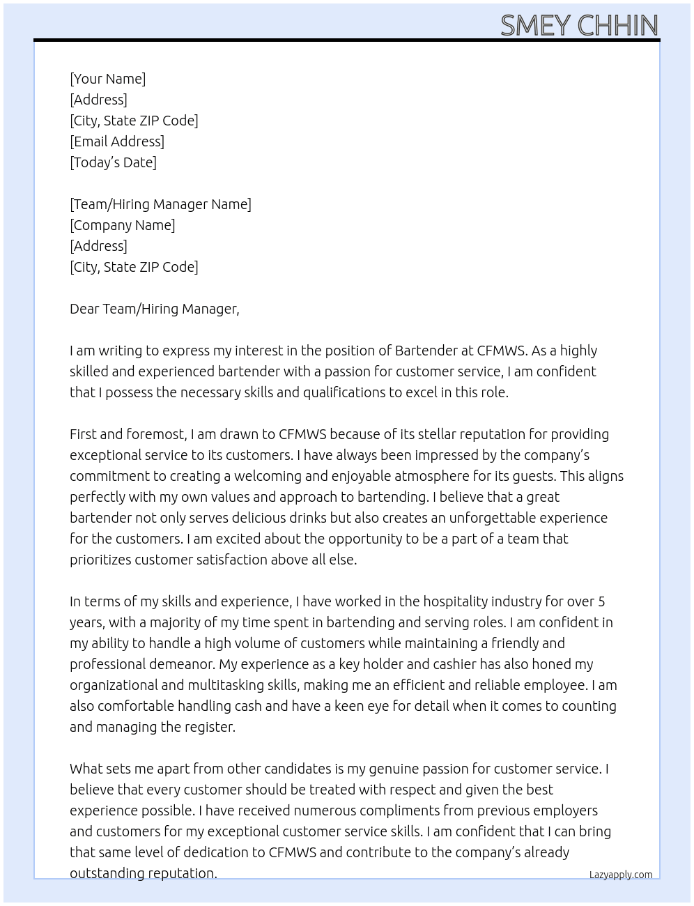 Bartender  At CFMWS Cover Letter