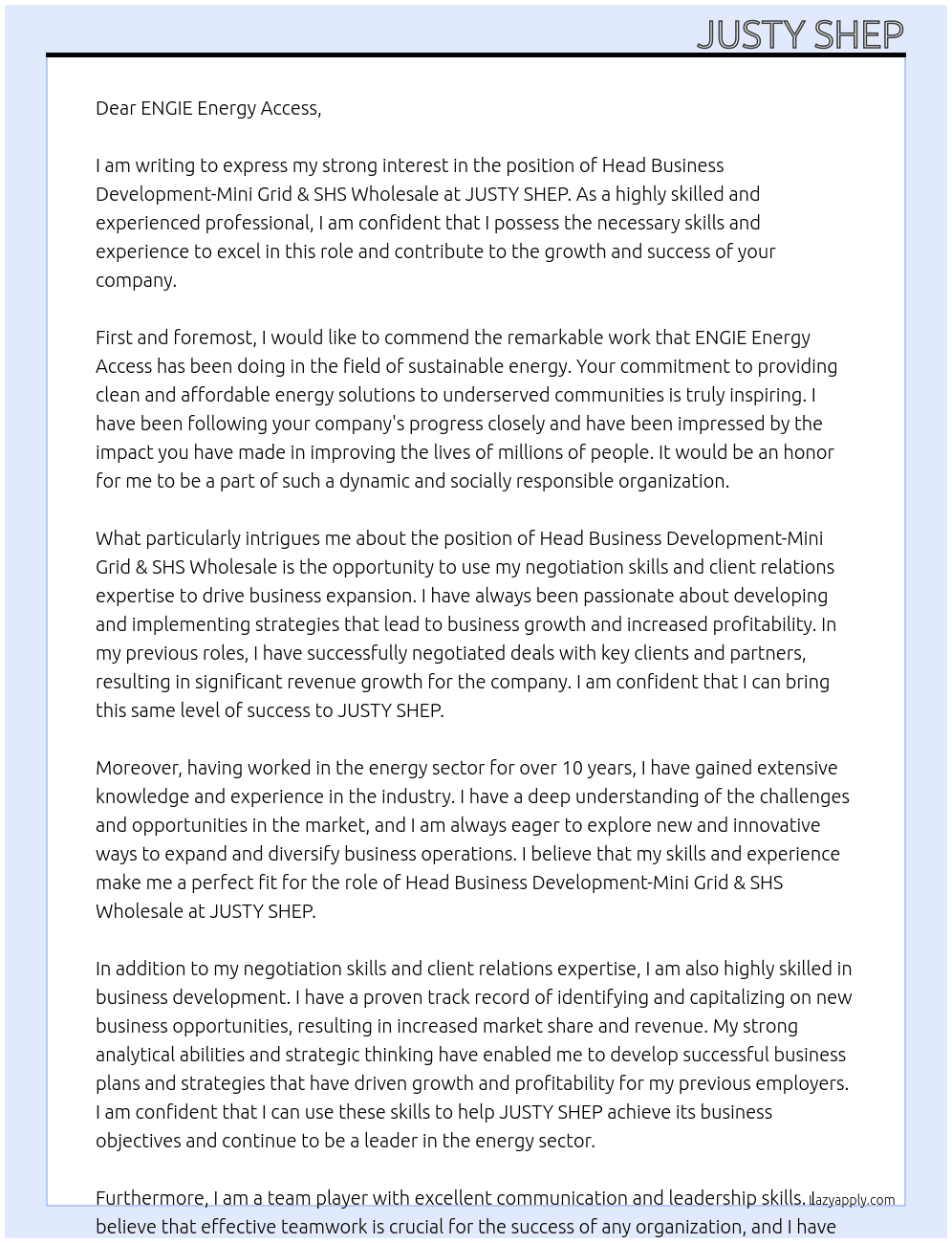 Head Business Development-Mini Grid  & SHS Wholesale At JUSTY SHEP Cover Letter