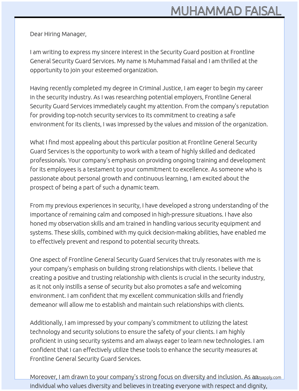 Security Guard At Frontline General Security Guard Services Cover Letter