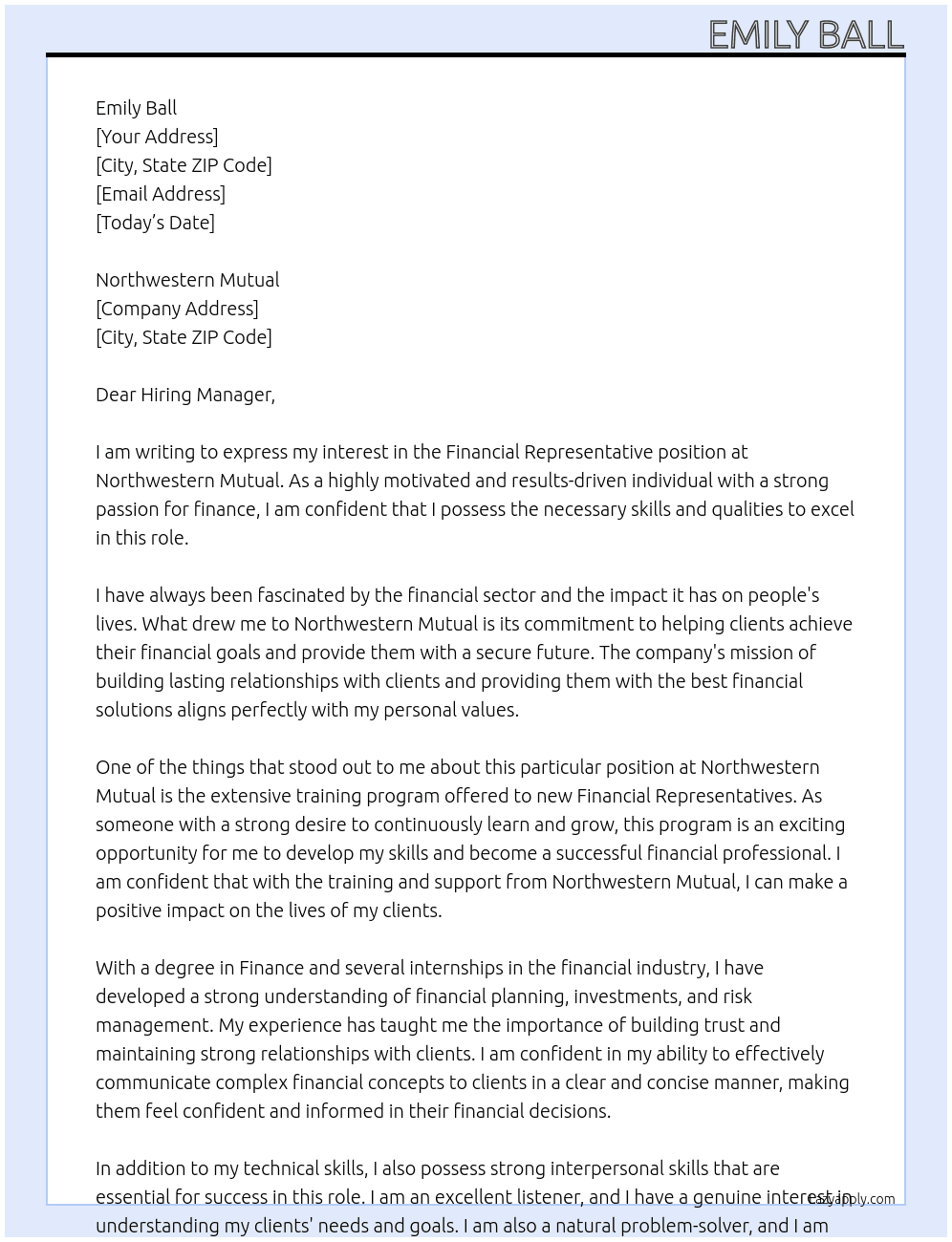 Financial Representative  At Northwestern Mutual  Cover Letter