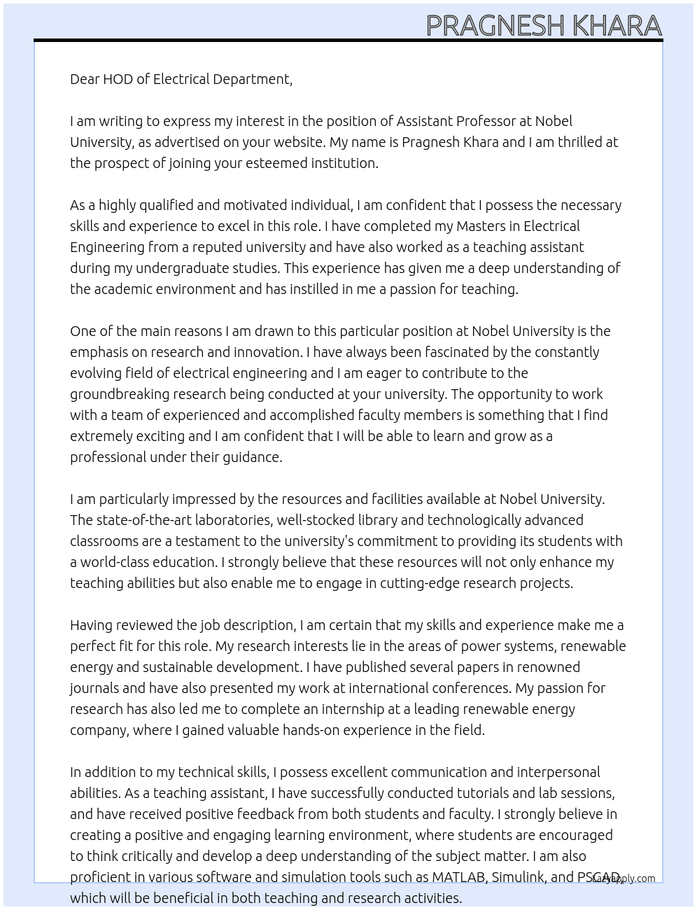 assistant professor At Nobel university Cover Letter
