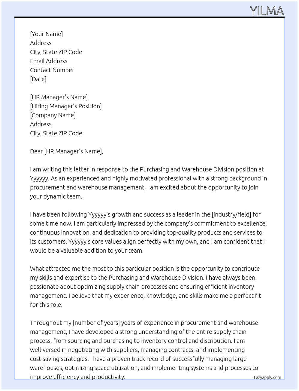 Purchasing and warehouse Division At Yyyyyy Cover Letter