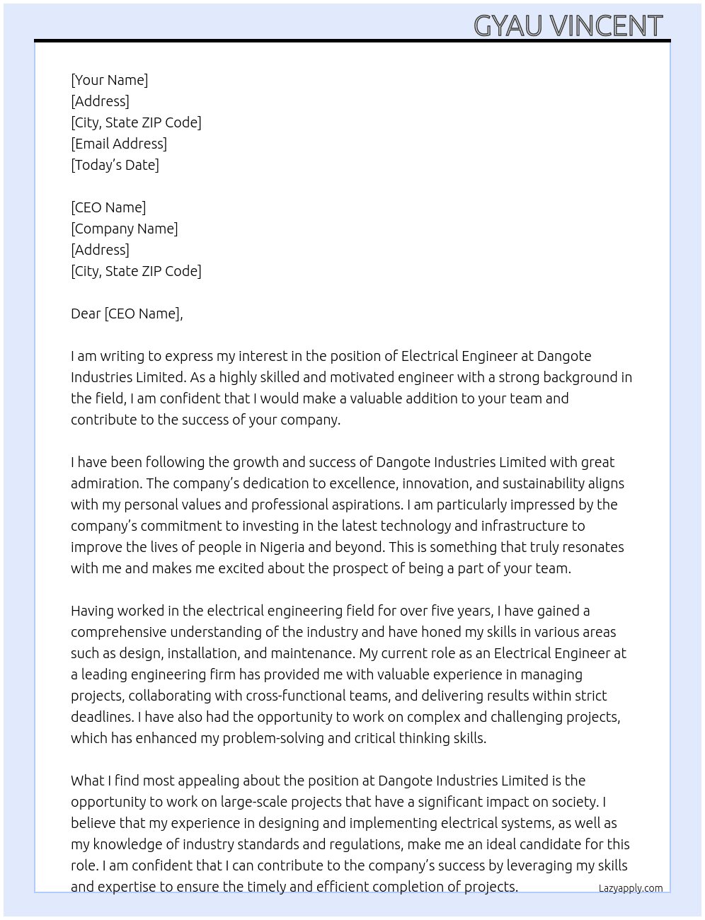 Electrical engineer At Dangote Industries Limited Cover Letter
