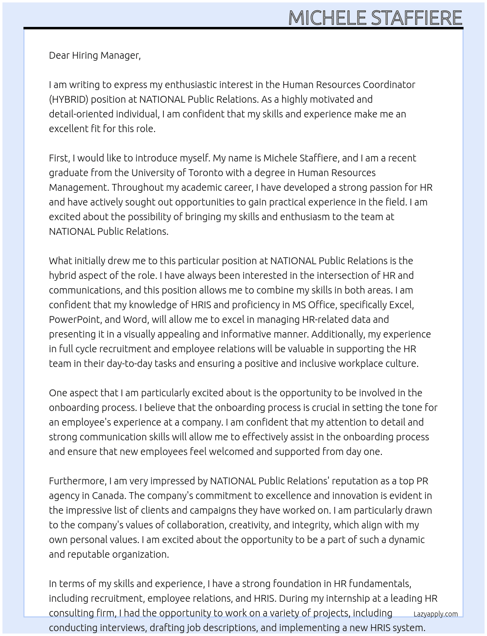 Human Resources Coordinator (HYBRID) At NATIONAL Public Relations  Cover Letter