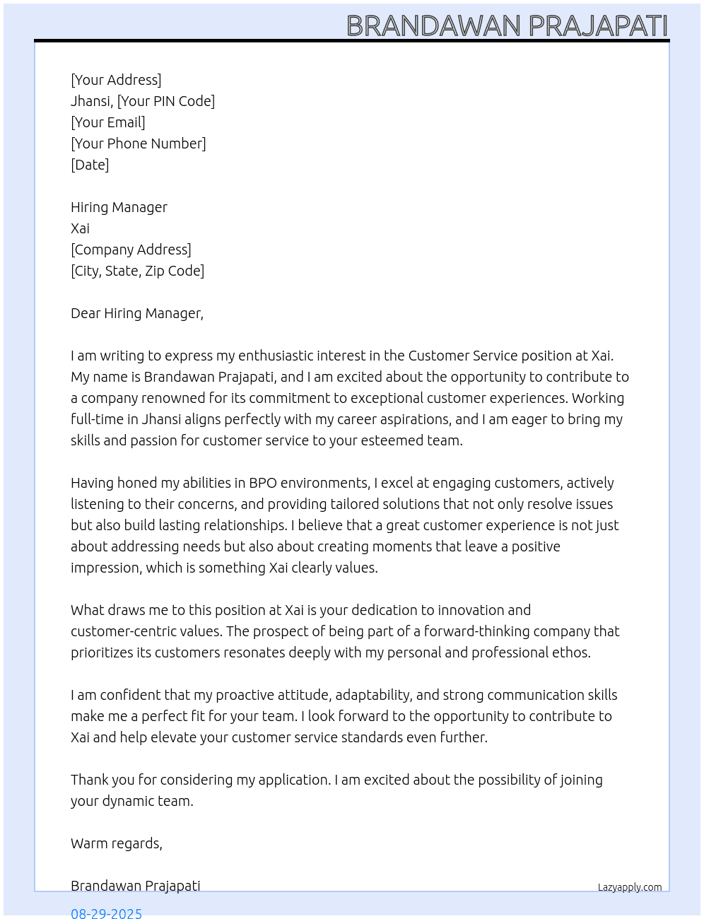 Customer service  At Xai Cover Letter