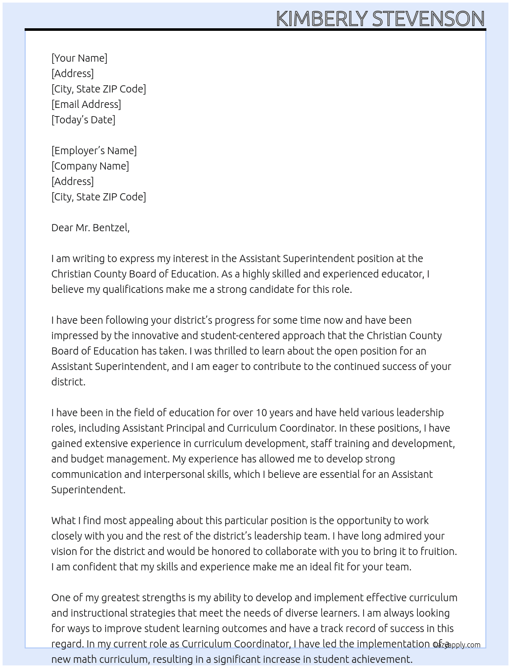 Assistant Superintendent At Christian County Board of Education Cover Letter