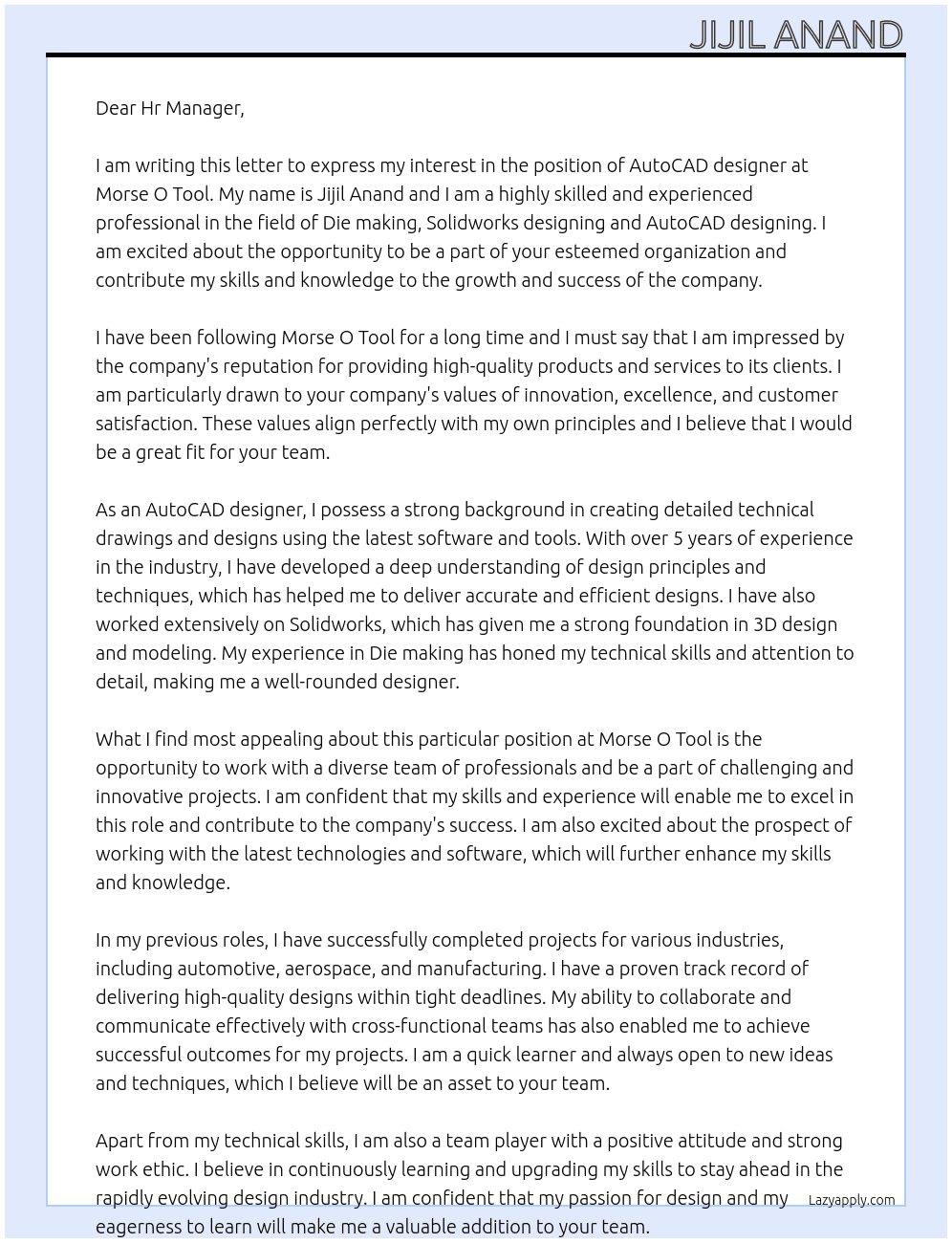 AutoCAD designer At Morse O Tool Cover Letter
