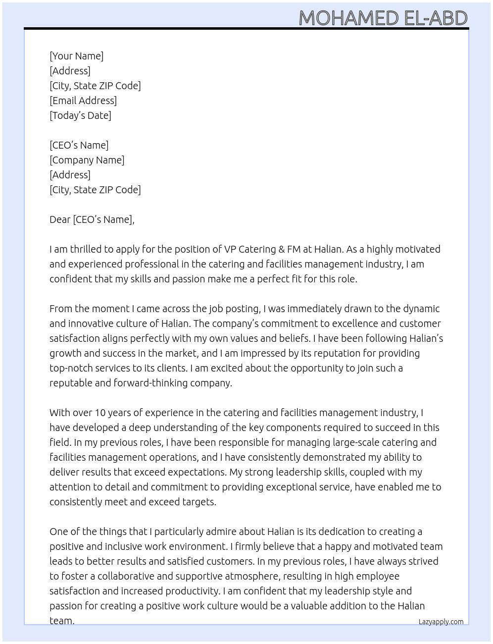 VP Catering & FM At Halian Cover Letter