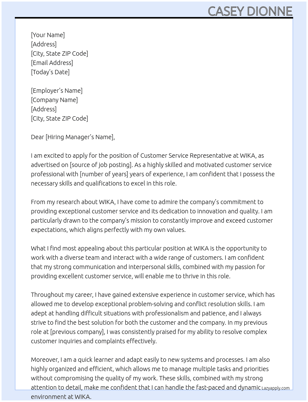 Customer Service Representative At WIKA Cover Letter